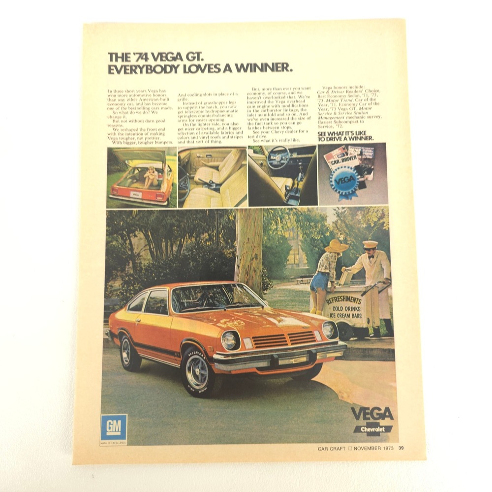 Vintage Chevrolet Vega GT Print Ad 1974 Garage Decor Promo Wall Art Show Display